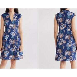 Women's Vince Camuto Floral Scuba Knit Fit & Flare Navy Blue Dress 12